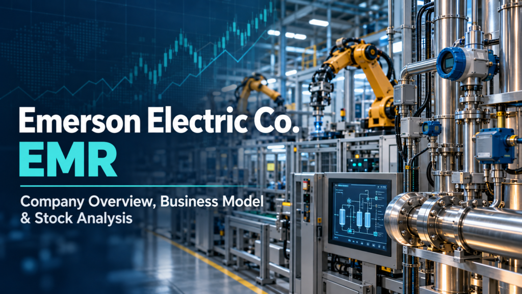 Emerson Electric Co. (EMR) featured image showing industrial automation equipment, robotic arms, and illustrative stock charts.