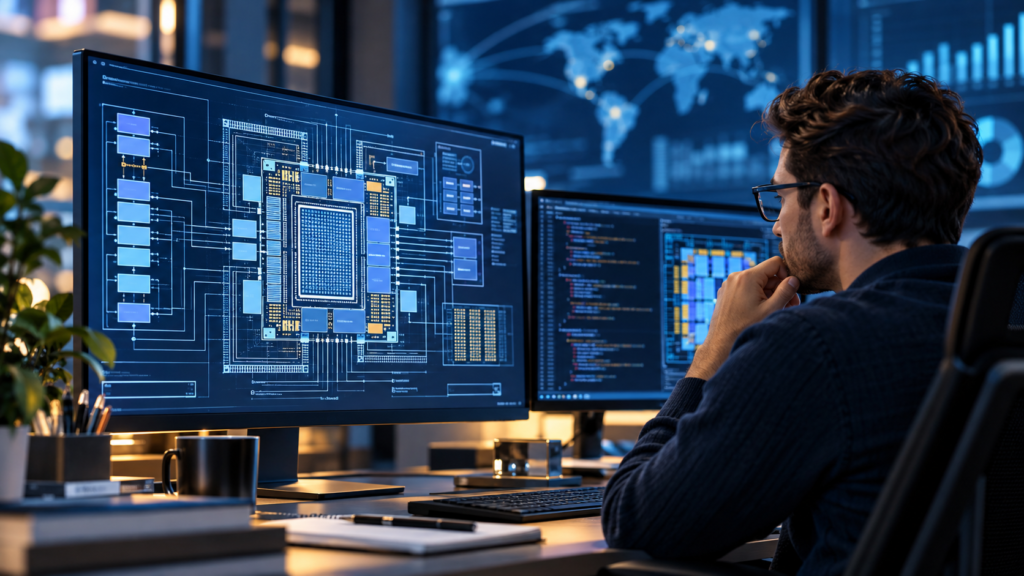 Engineer reviewing a processor architecture design for an ARM stock company profile.