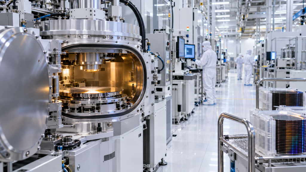 “Semiconductor wafer processing equipment and engineers in a cleanroom, illustrating Applied Materials’ business.”