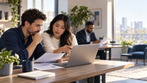 Two startup co-founders review an equity agreement and cap table in an office.