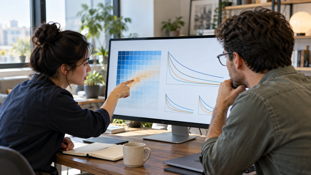“Two analysts examine customer cohort patterns and retention curves on a monitor.”