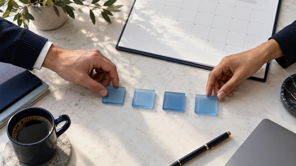 Co-founders arrange blue tiles beside a calendar to represent equity vesting over time.