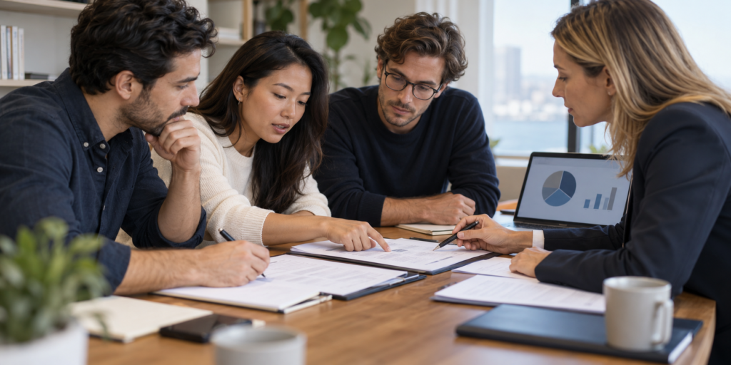 Founders and an adviser review an equity agreement together at a table.