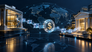 Stablecoin payment infrastructure connecting a business payer, digital token network, and bank payout
