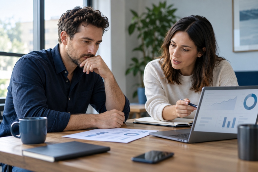 “Startup colleagues review customer activity and commercial results together.”