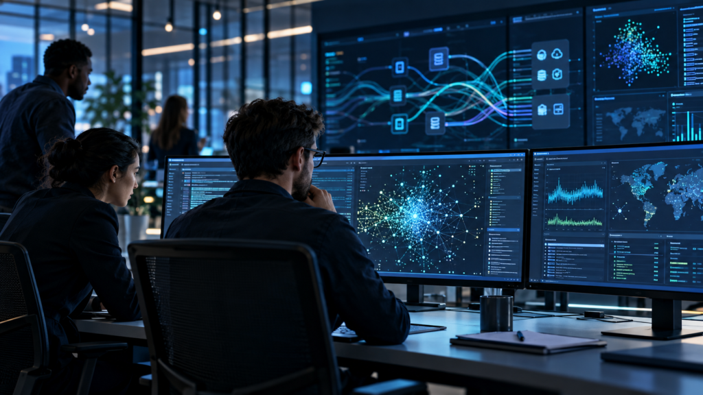 “Analysts reviewing enterprise search and observability dashboards for an Elastic stock company profile.”