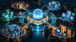 AI startup moat illustrated through connected customers, workflows, data, and distribution around an AI product