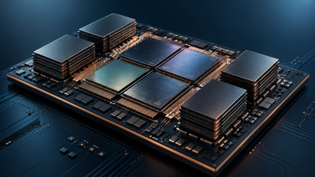 Conceptual illustration of advanced packaging AI chips with multiple processor dies and stacked memory on a shared substrate.