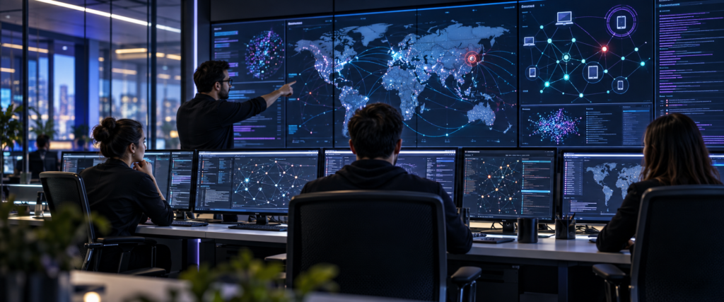 Cybersecurity analysts monitor device activity and potential threats in an enterprise security operations center.