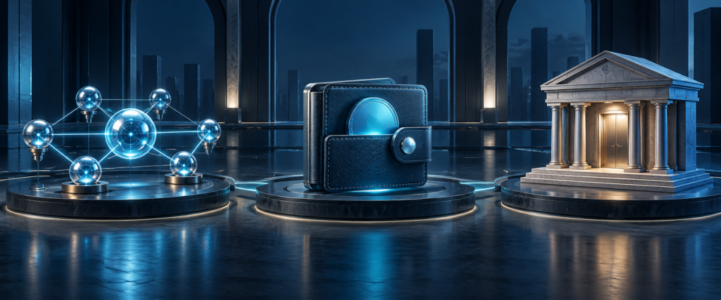 Stablecoin payment infrastructure illustrating separate network transfer, token custody, and bank payout stages