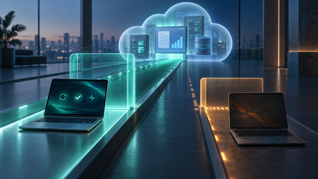 Zero trust architecture comparing access from managed and unmanaged business laptops