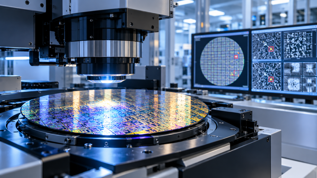Conceptual semiconductor wafer inspection scene for a KLA Corporation (KLAC) company overview and stock analysis.