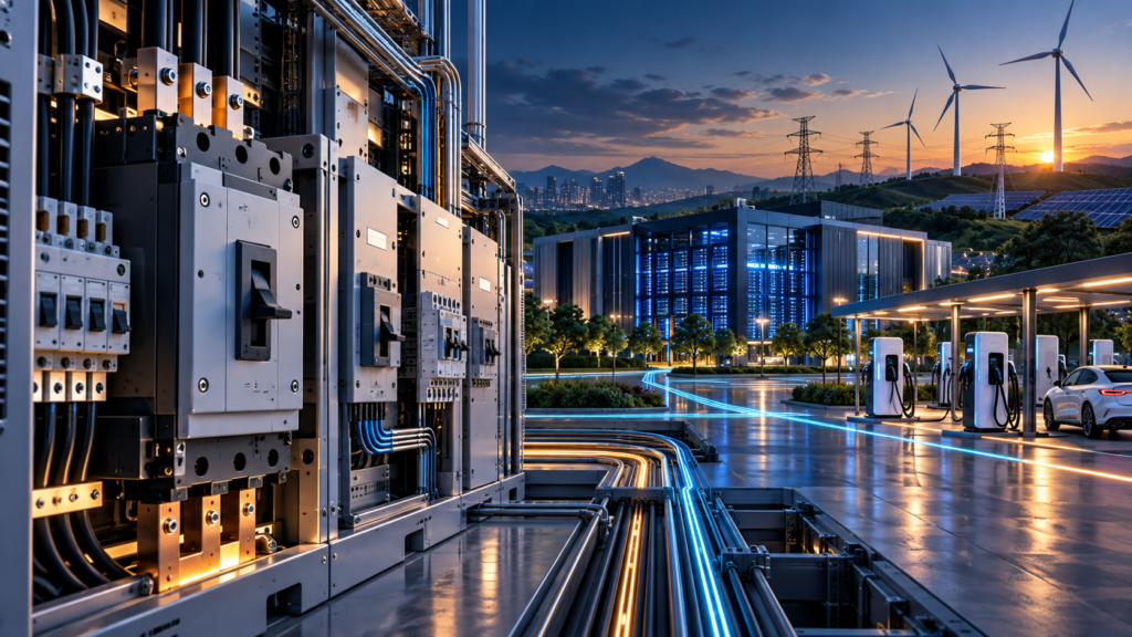 “Eaton Corporation plc (ETN) company overview, business model and stock analysis illustrated by electrical power distribution equipment, a data center and EV charging stations.”