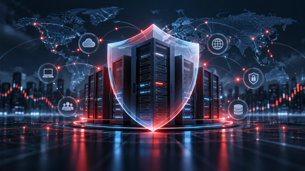 “Fortinet stock analysis featured image showing cybersecurity servers protected by a digital shield.”