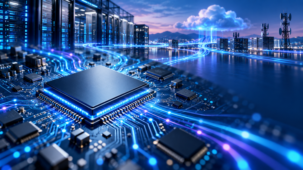 “Marvell Technology, Inc. (MRVL) company overview, business model and stock analysis illustrated by a semiconductor chip connected to cloud data centers and network infrastructure.”