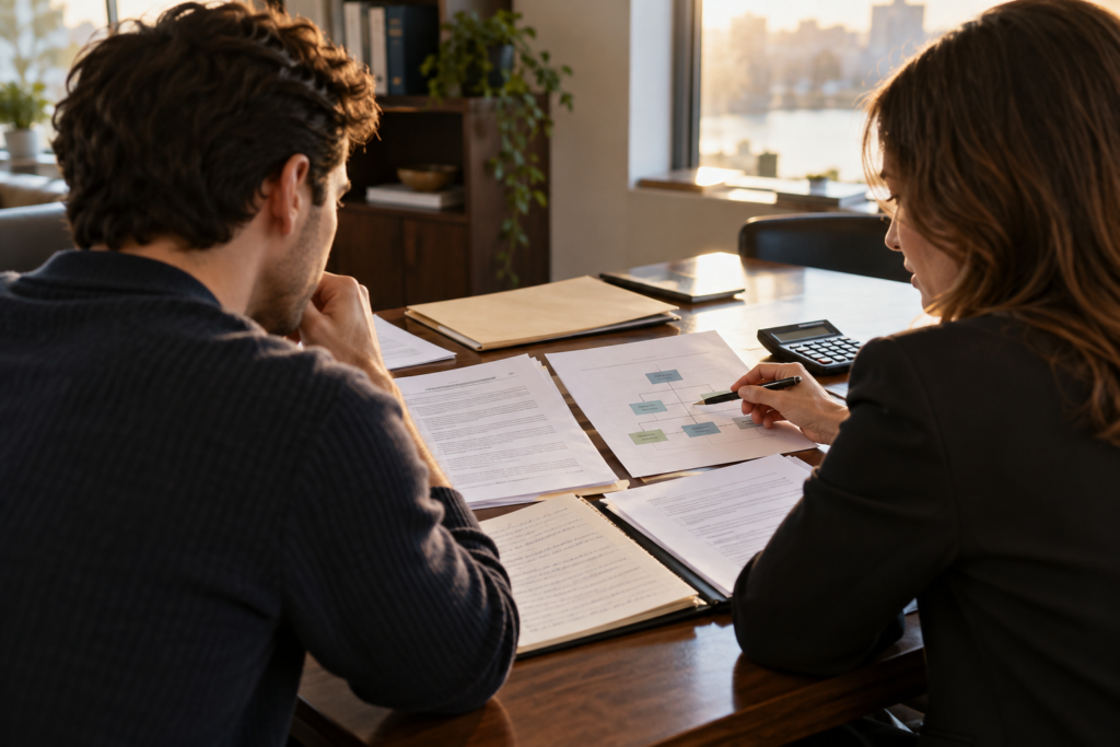 A founder and adviser review documents for a possible conversion in a Delaware C corp vs LLC for startups comparison.