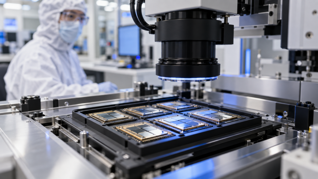 Cleanroom inspection of completed advanced packaging AI chips at a test station
