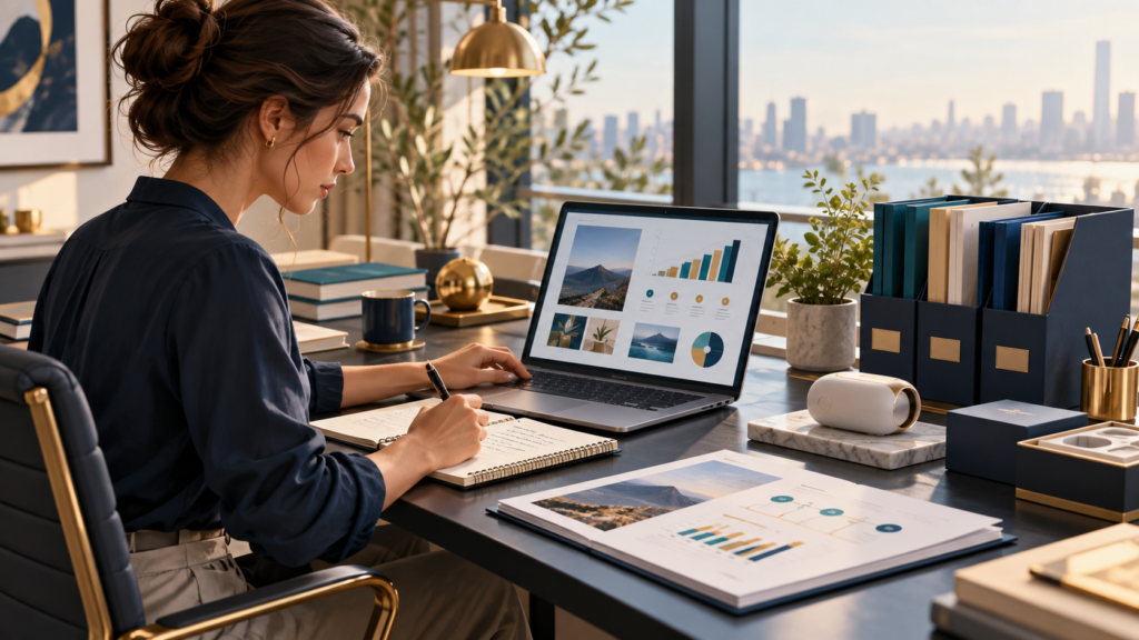 Startup founder preparing an investor pitch deck with business charts, organized folders, and a product prototype.