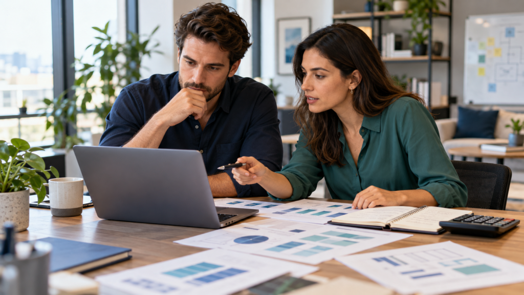 Founder and finance colleague plan a monthly budget and project milestones