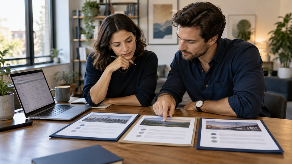 Two startup founders compare venture capital research folders and a laptop while building a VC shortlist.