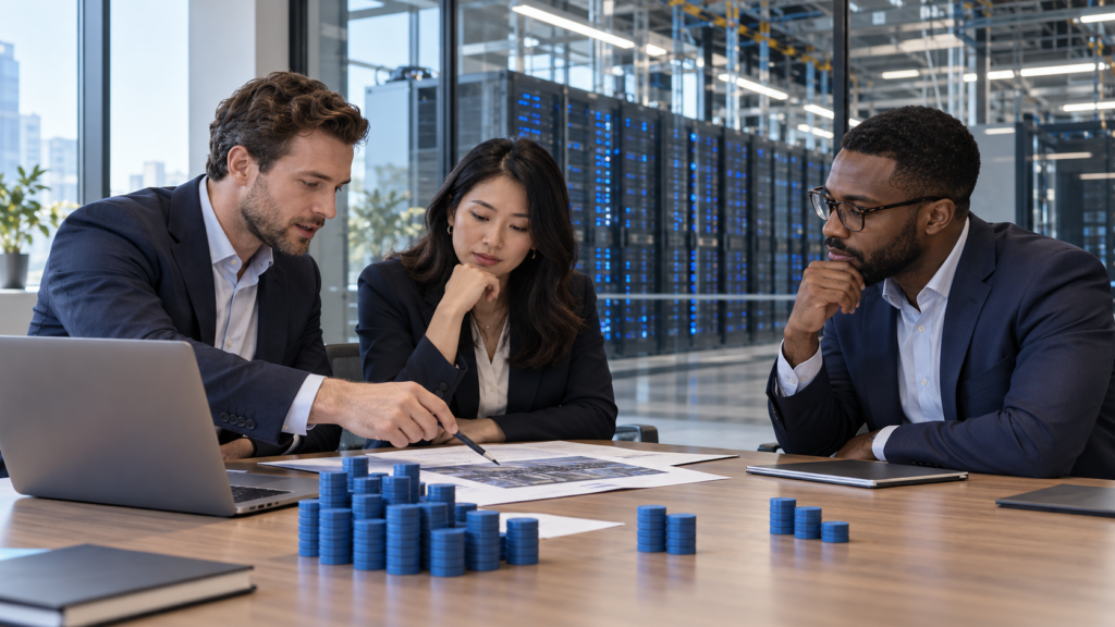 Startup founders review financing documents with an adviser to assess their capital needs.
