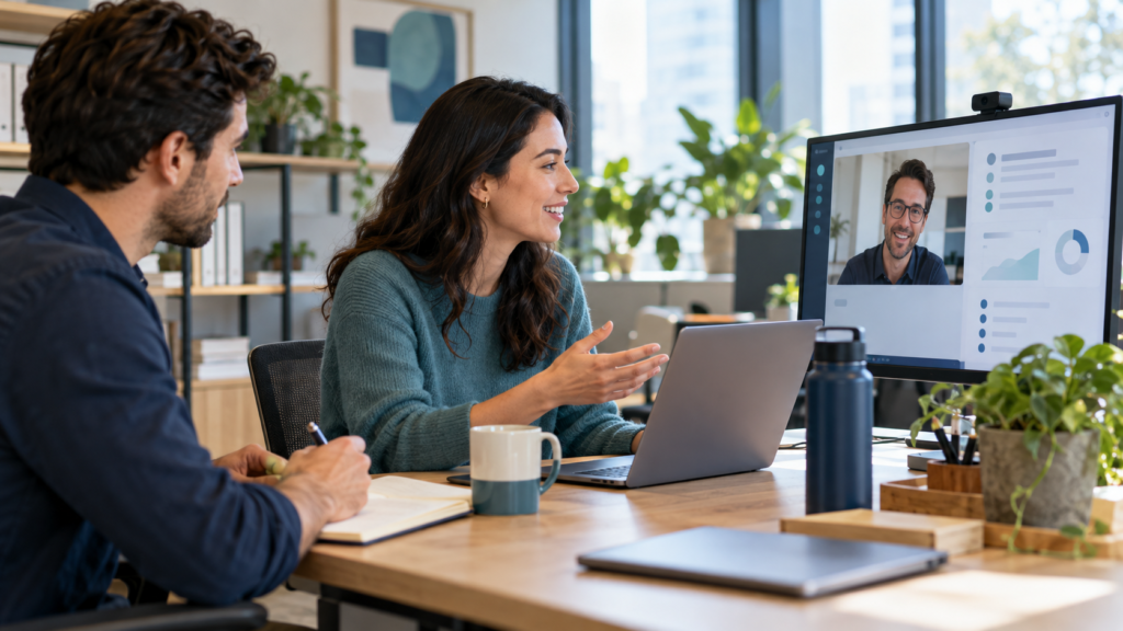 Customer success team reviews a software account with a client by video call.