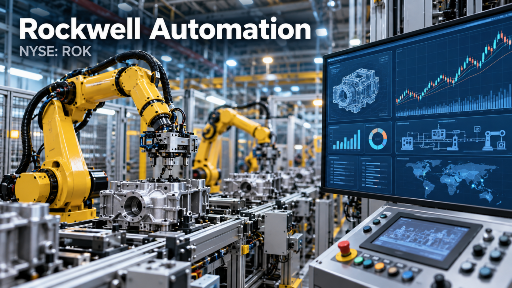 Conceptual Rockwell Automation (ROK) illustration featuring factory robotic arms, an industrial control panel, and a digital dashboard with manufacturing analytics and a stock chart.