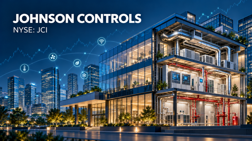 Johnson Controls (NYSE: JCI) illustration showing a smart building with HVAC equipment, fire safety piping, and connected building controls.