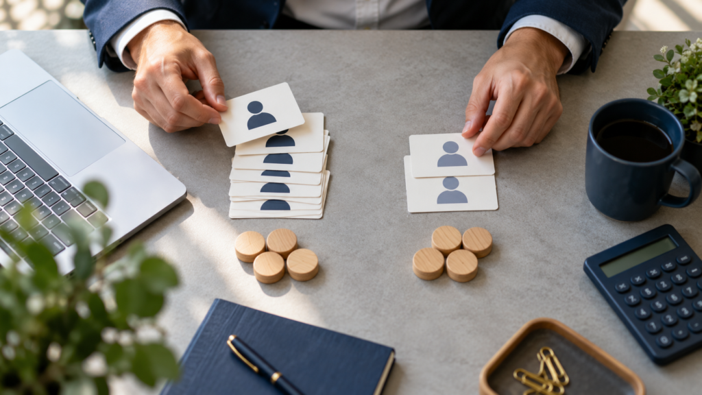Analyst compares two stacks of customer cards beside equal groups of wooden spending tokens.