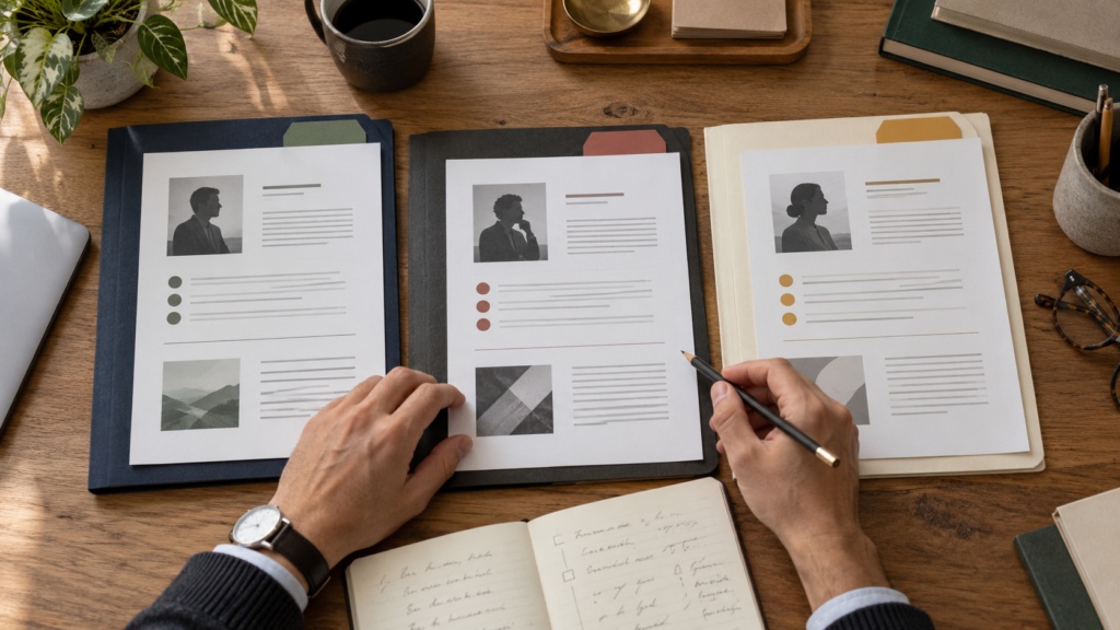 Three investor research folders with colored tabs are compared on a desk.