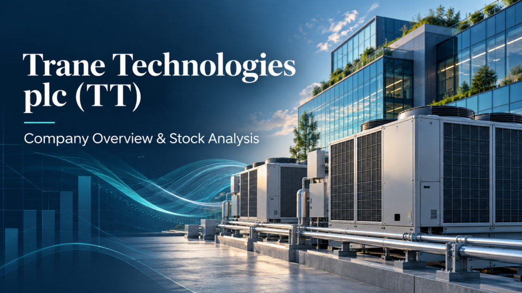 Trane Technologies plc (TT) company overview and stock analysis illustration featuring commercial HVAC systems and a modern building.