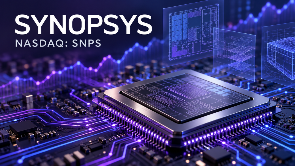 Synopsys (NASDAQ: SNPS) illustration featuring a semiconductor chip, glowing circuits, chip-design schematics, and an abstract stock-market line.