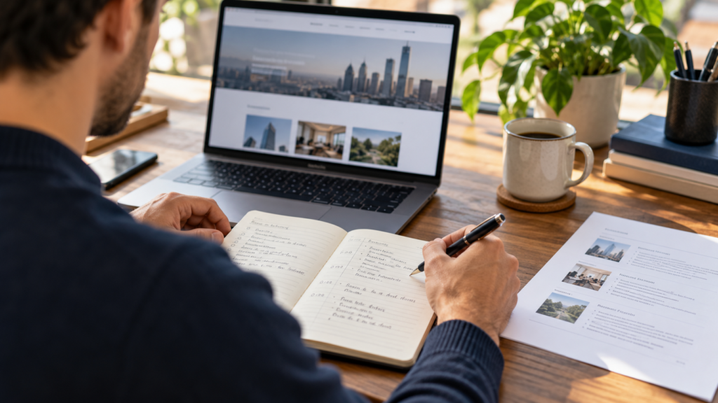Founder reviews an investor website and records research notes beside printed documents.