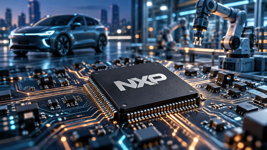 NXP semiconductor chip on an illuminated circuit board, with a car and industrial robotic arms in the background.