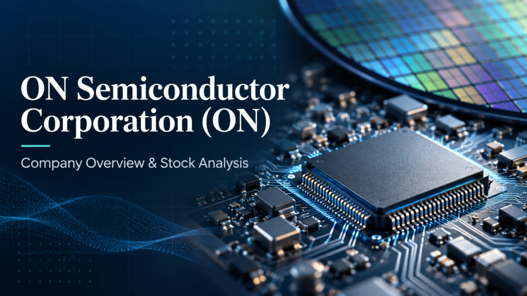 ON Semiconductor Corporation (ON) company overview and stock analysis illustration featuring a semiconductor chip, circuit board and silicon wafer.