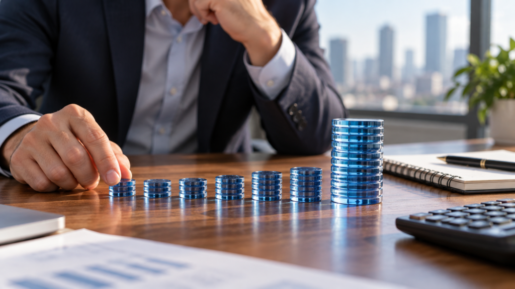 Unequal stacks of blue tokens illustrate AI venture capital concentration in larger funding rounds.