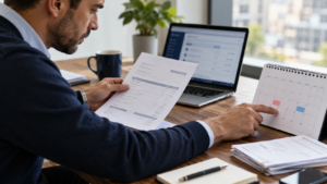 Finance professional compares an invoice with highlighted payment dates on a desk calendar.