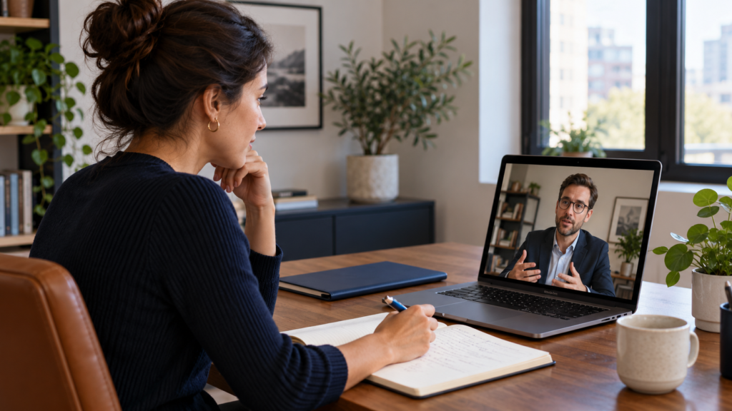 Startup founder takes notes during a video conversation with an investment professional.