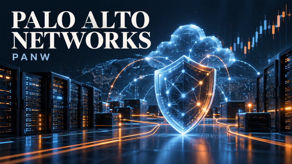 Palo Alto Networks (PANW) illustration featuring a cybersecurity shield, cloud network, server racks, and a stylized stock chart.