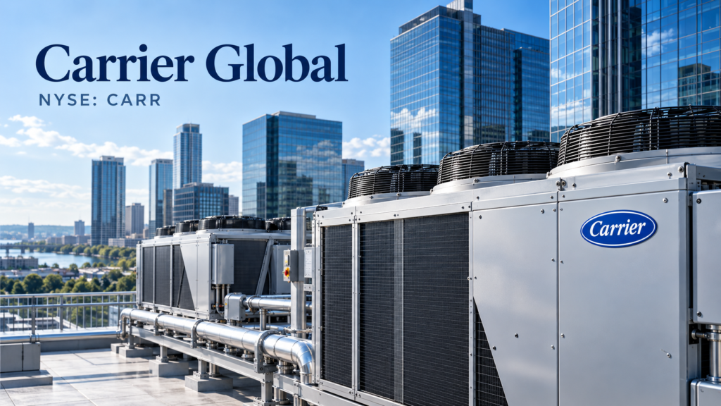 Carrier commercial HVAC units on a rooftop overlooking modern office buildings, with Carrier Global and NYSE: CARR text.